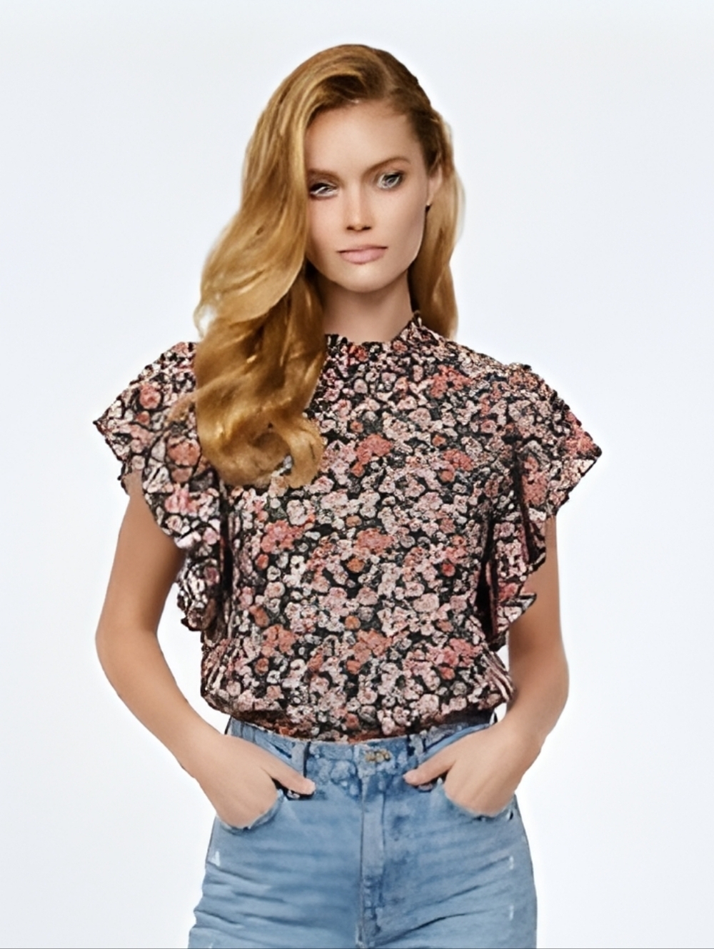 Shein Classic Frilled Neck Flutter Sleeve Ditsy Floral Print Top Size La…
